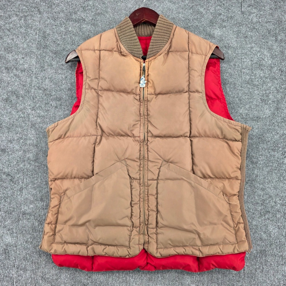 Vintage Comfy Reversible Goose Down Puffer Vest Tan Red Ribbed Knit Collar 1015